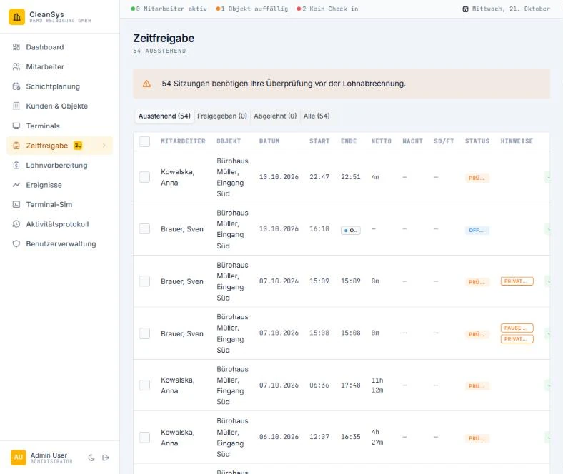 CleanSys time approval queue