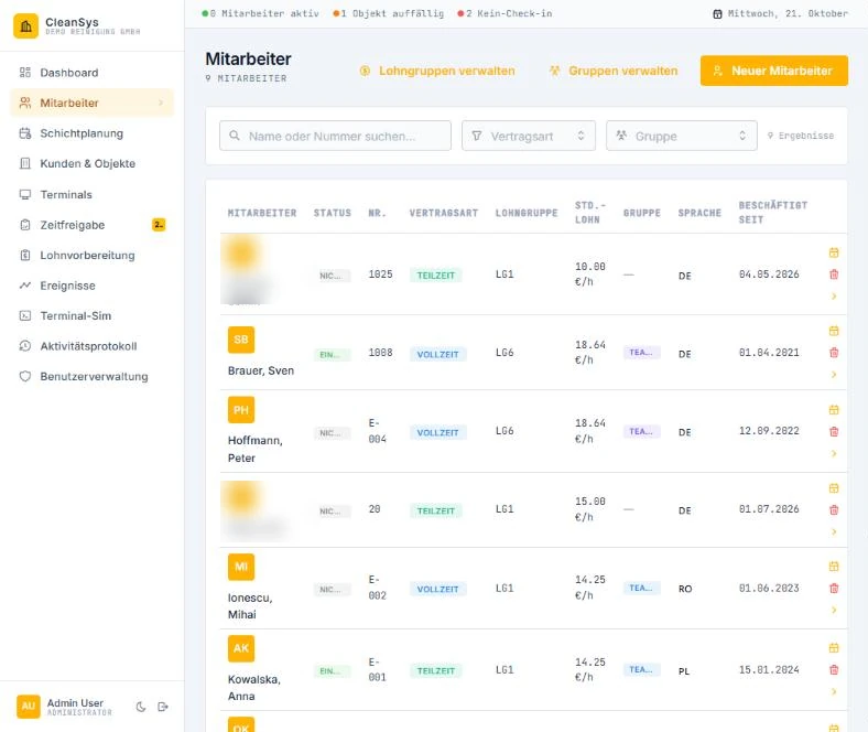 CleanSys employee list