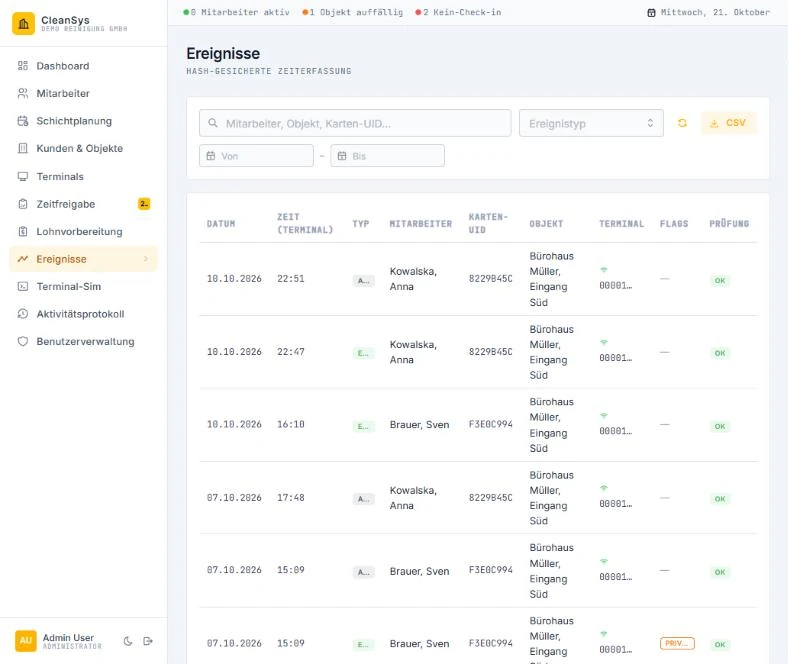 CleanSys clock event log