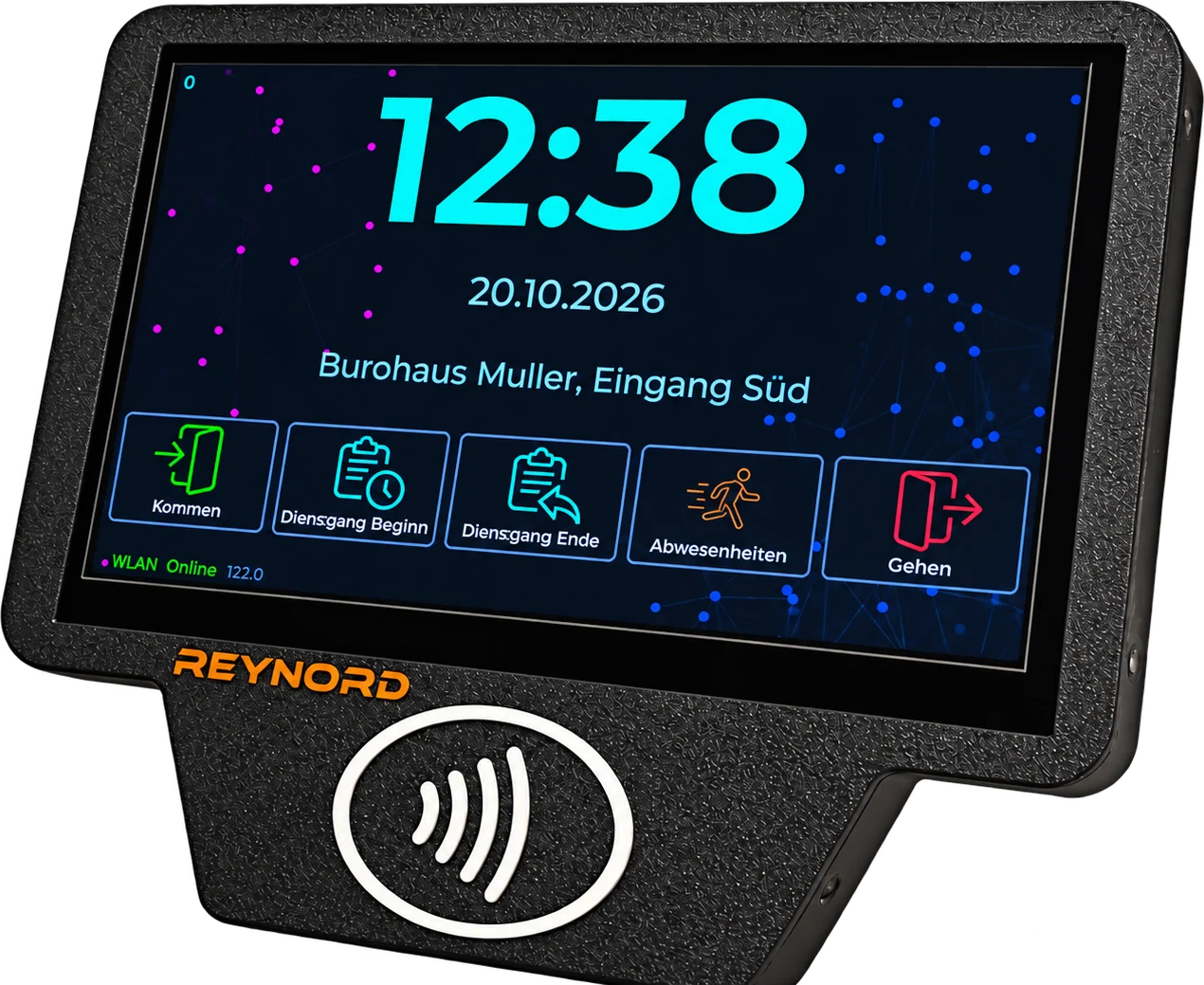 REYNORD F300 terminal showing a time-clock screen