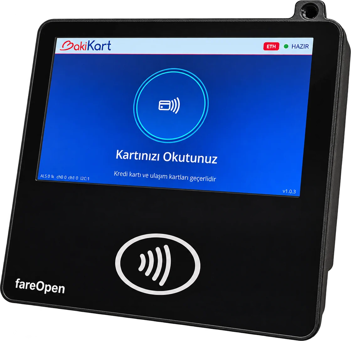 fareOpen F9XX validator showing a card-reading screen